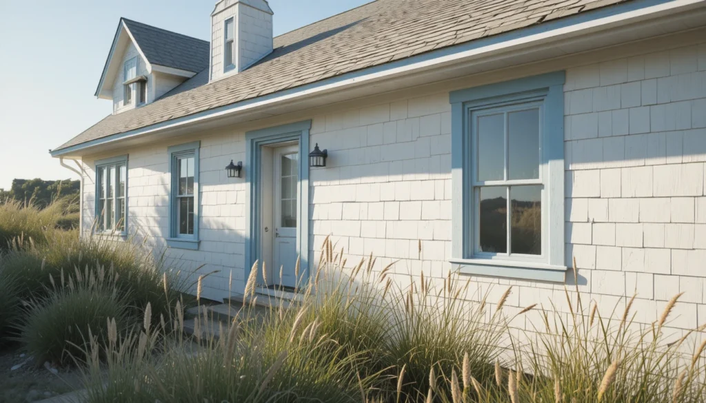 Bright coastal house with white siding and blue trim reflecting a breezy beachside charm.