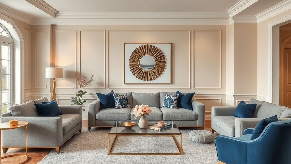 Modern Living Room Ideas 3 Stylish living room with a cohesive neutral and navy blue color palette enhancing harmony and warmth.