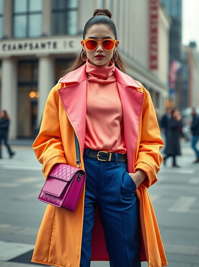 Street Style 2025: The Ultimate Guide to Modern Urban Fashion 7 A stylish model wearing a vibrant outfit with bold color contrasts and eye-catching accessories, capturing the 2025 “Color Pop Moments” trend that celebrates playful, expressive fashion.