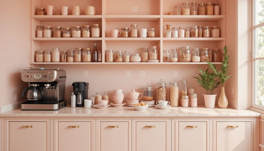 Coffee Bar Ideas for a Stylish and Cozy Home Setup 15 Pastel home coffee bar with coordinated jars and shelves.