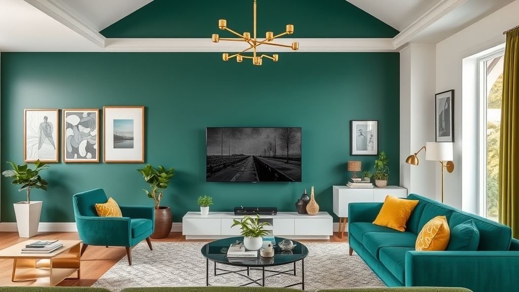 A modern living room with a green TV accent wall adding vibrancy and personality.
