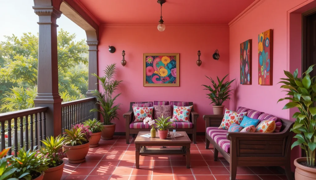 Beautiful Balcony Ideas for Every Home 8 Vibrant balcony with colorful decor, wooden seating, and pink overhang.