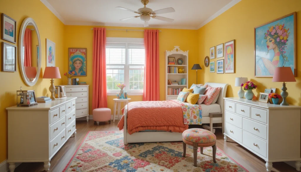 Bright kids’ room with yellow and coral tones, colorful bedding, and wall art.