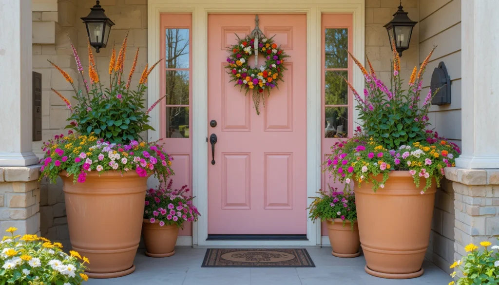Bright entryway with pastel door and terracotta planters filled with flowers.