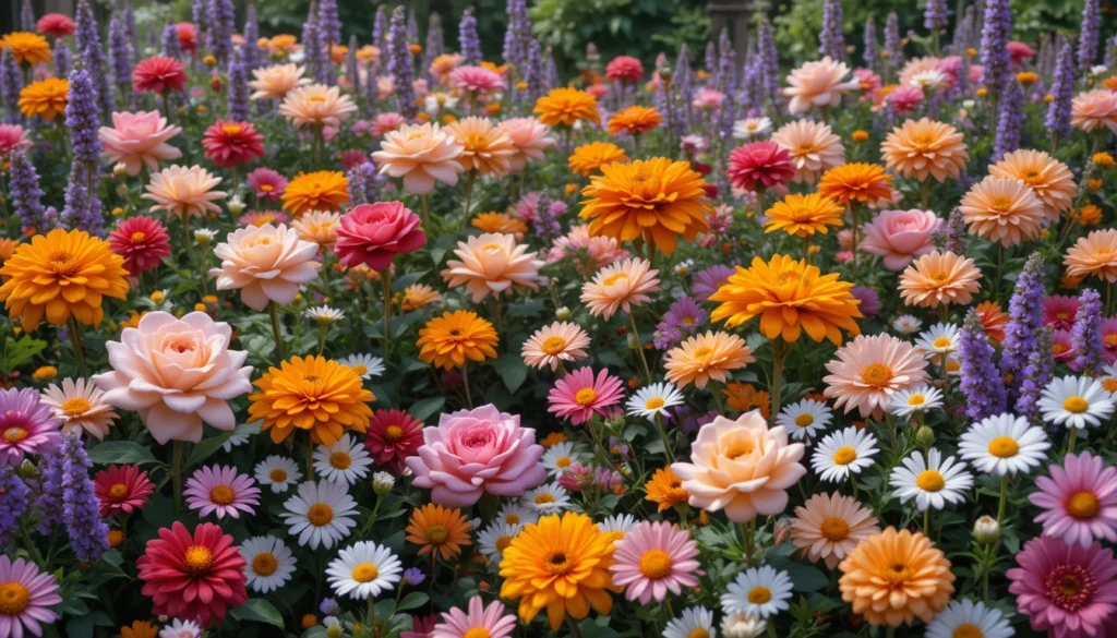 Home Garden Ideas for a Beautiful and Peaceful Outdoor Space 6 Vibrant garden filled with colorful flowers including roses, daisies, and lavender.