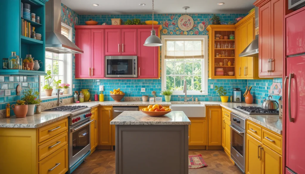 Kitchen Ideas: Inspiring Home Décor Tips for Every Style 6 Colorful kitchen makeover with bright cabinets and bold backsplash designs.