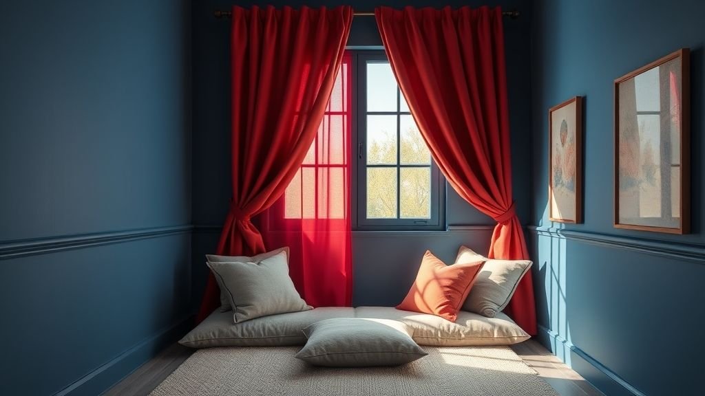 Stylish Floor Seating Ideas for Cozy Spaces 6 Floor seating corner with blue walls, red curtains, and cozy neutral cushions.