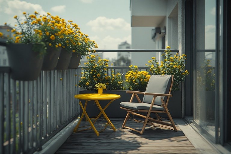 Balcony Ideas Apartment: Transform Your Outdoor Space 4 Modern apartment balcony with foldable gray furniture and yellow flowers in railing planters.