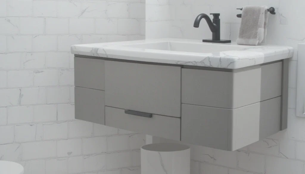 16 Bold and Beautiful Bathroom Vanity Ideas for Apartments 2 Sleek floating vanity with quartz top and black faucet in modern apartment bathroom.