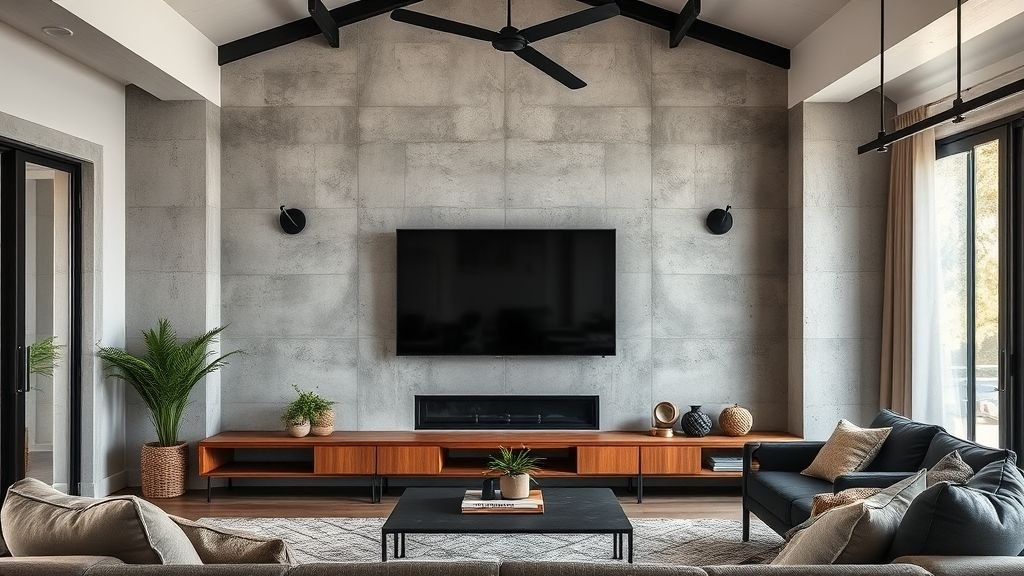 A modern industrial living room with a concrete TV wall and natural wooden accents.