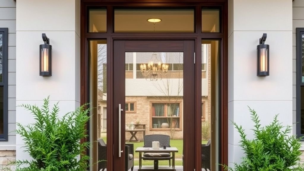 Modern glass door entryway with wooden framing and metallic accents.