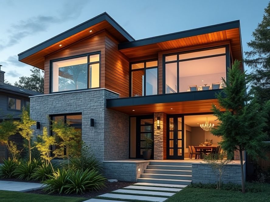 House Designs Exterior: Inspiring Ideas for a Beautiful Home Facade 4 Contemporary house design combining wood, stone, and glass with natural surroundings.