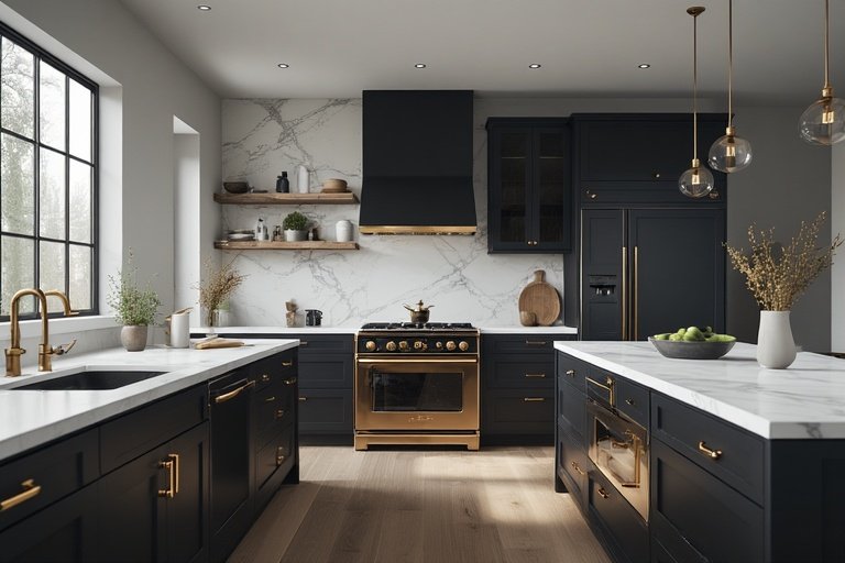 Modern Kitchen Ideas for Stylish and Functional Spaces 13 Modern kitchen with black cabinets and white marble contrast.