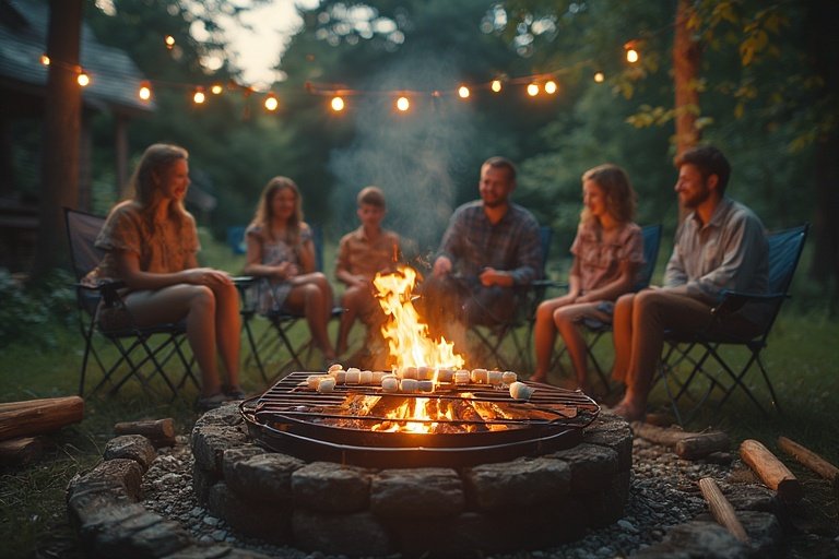 A fire pit with a cooking grate being used for grilling and roasting in a cozy family backyard.