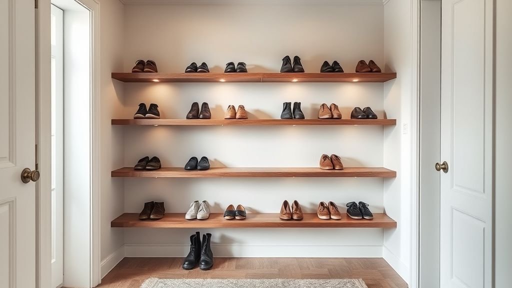 Shoe Storage Ideas for Stylish and Organized Homes 12 Custom corner shoe shelving unit made of walnut wood in a bright entryway.