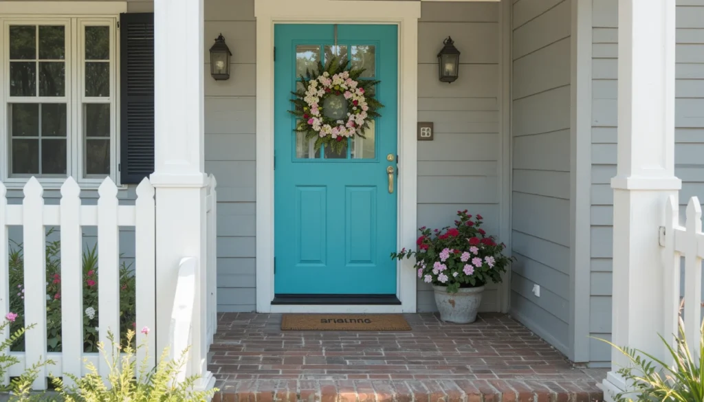 Charming cottage entryway with turquoise door, white railings, and flower accents.
