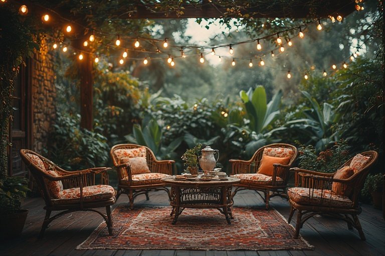 16 Timeless Cottage Decor Ideas to Warm Up Your Space 10 Outdoor cottage seating with rattan chairs and floral accents under string lights.