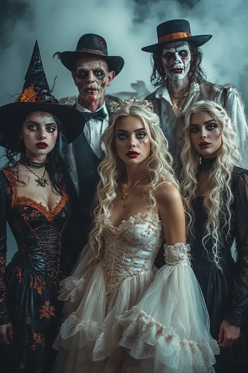 Trendy Halloween Outfit Ideas for a Stylish Spooky Season 12 A group of friends wearing matching witch, vampire, and zombie costumes, showcasing trendy 2025 “Couple or Squad” Halloween looks.
