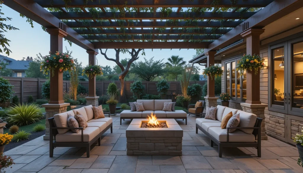 Cozy Patio Fire Pit Ideas for a Warm Outdoor Space 16 Pergola patio with fire pit, hanging plants, and cozy seating.