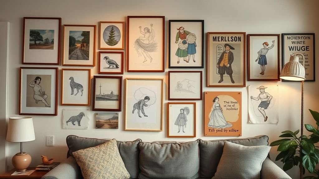Cozy Home Interiors That Speak Emotion and Style 11 Home wall with handmade art and vintage posters casually leaned in soft golden light.