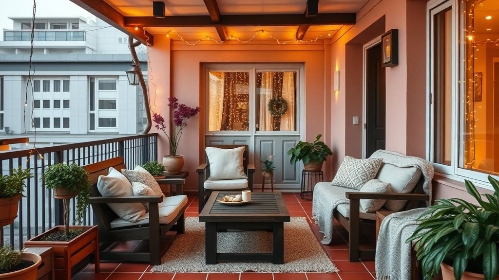 Beautiful Balcony Ideas for Every Home 2 Cozy balcony with wooden furniture, light red floor, and soft lighting under a pink-toned overhang.