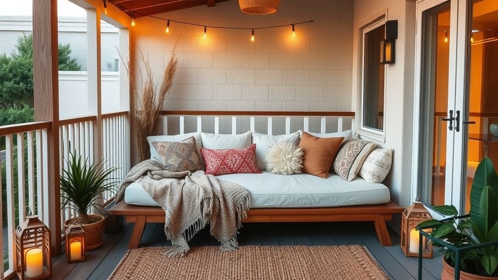 16 Stylish Balcony Ideas to Elevate Your Home Design 6 Cozy balcony with daybed, cushions, and soft lantern lighting.