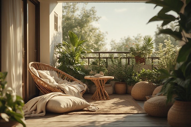 Balcony Ideas Apartment: Transform Your Outdoor Space 2 Cozy apartment balcony with beige cushions, rattan chair, and wooden table surrounded by plants.