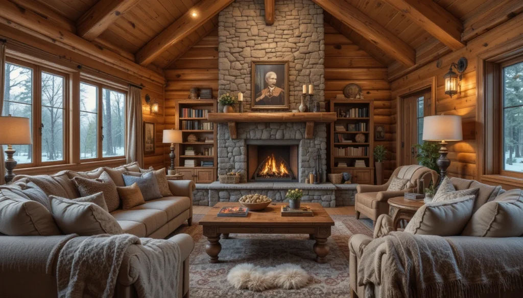 Rustic Cabin Interiors: Cozy Charm and Timeless Design Ideas 7 Cozy rustic cabin living room with fireplace, warm lighting, and comfortable furniture.