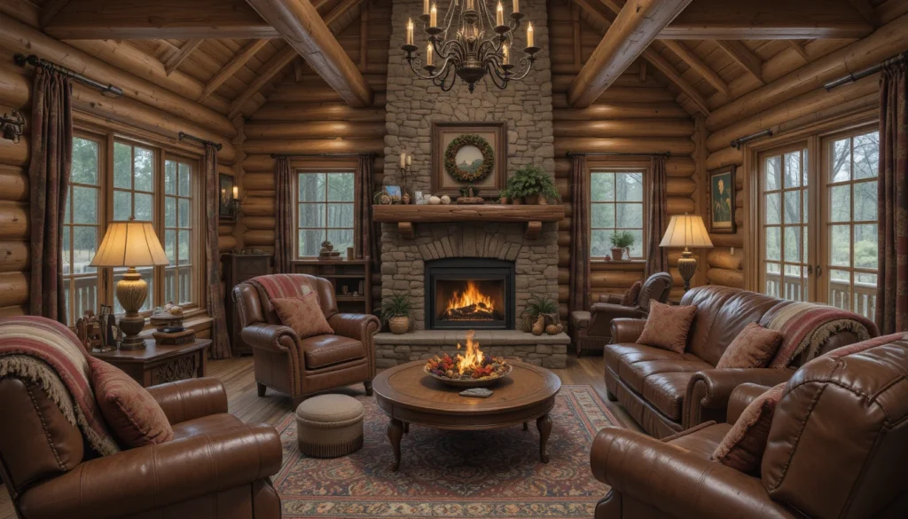 Rustic Cabin Interiors: Cozy Charm and Timeless Design Ideas 5 Cozy cabin living room with fireplace, plaid textiles, and rustic furniture.
