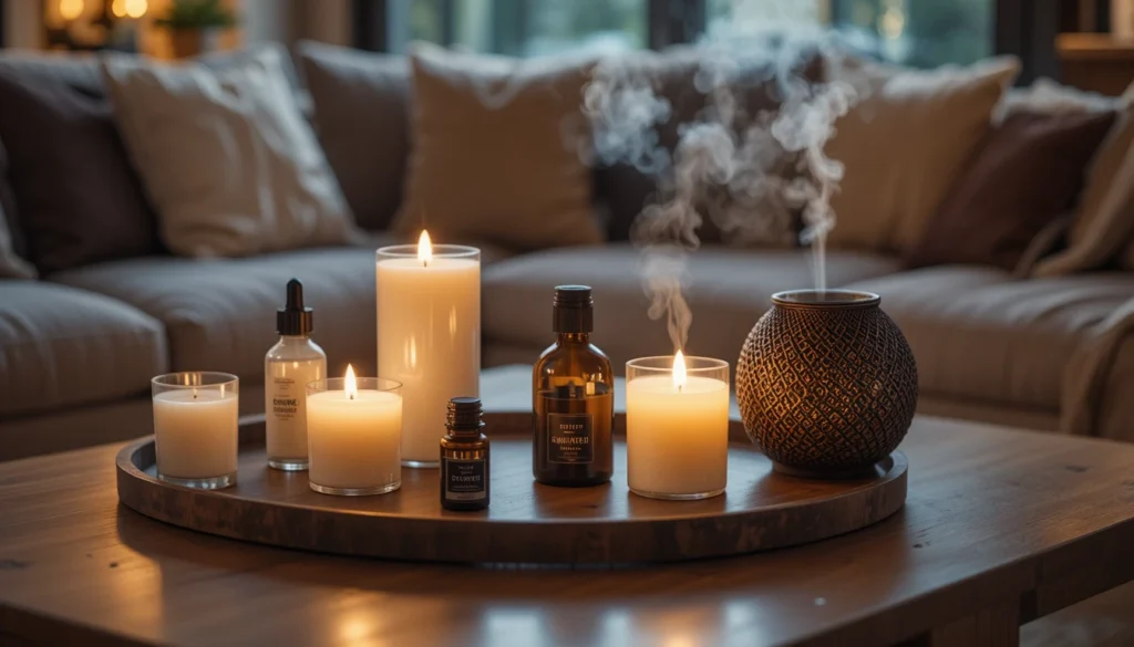 16 Affordable Cozy Home Decor for Modern Interiors 15 Warm candlelit modern living room with soft golden light.