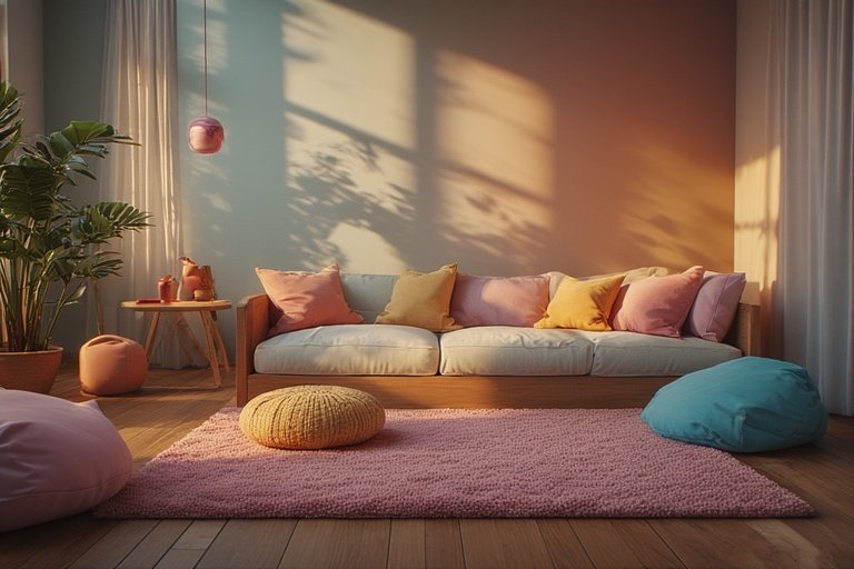 Cozy kids’ room with soft furnishings, bean bags, and warm lighting.