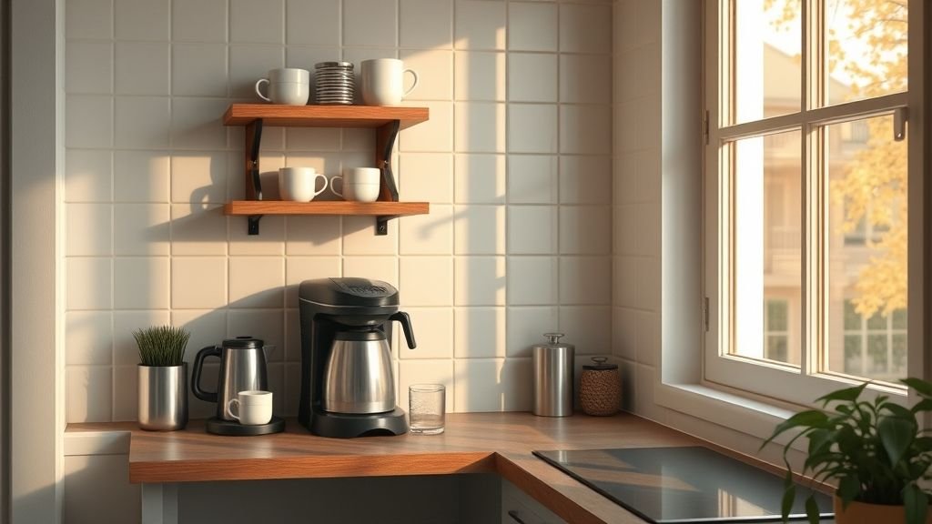 Coffee Bar Ideas for a Stylish and Cozy Home Setup 1 Compact home coffee bar in a cozy kitchen corner with wooden shelf and morning sunlight.