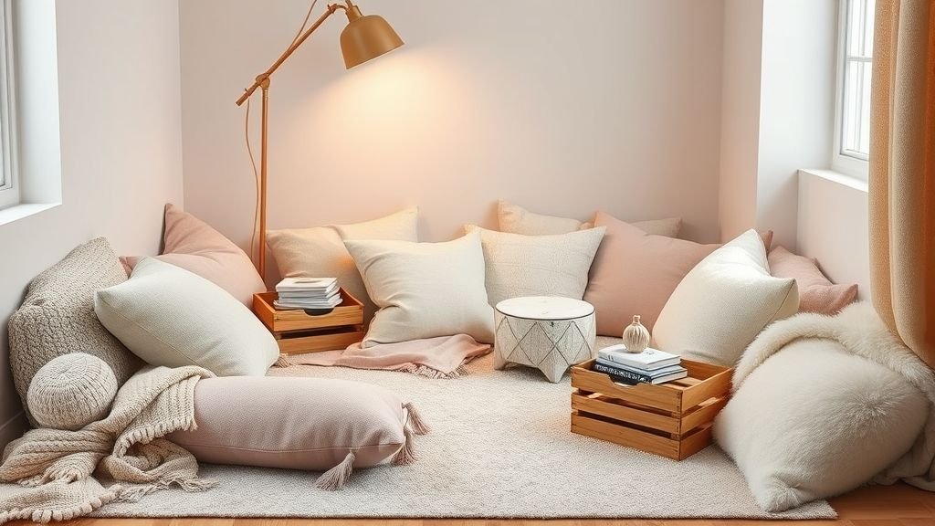 Floor Seating Ideas for a Cozy and Stylish Space 4 A cozy floor seating nook with blush and gray cushions, soft rugs, and a floor lamp.