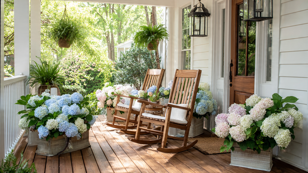 16 Timeless Cottage Decor Ideas to Warm Up Your Space 3 Cottage front porch with rocking chairs, lanterns, and pastel potted flowers.