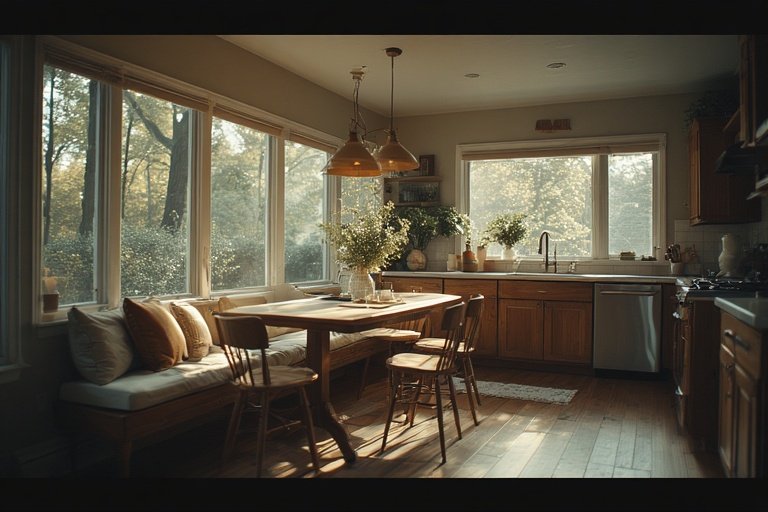 Modern Kitchen Ideas for Stylish and Functional Spaces 15 Modern kitchen nook with warm lighting and cushioned seating.