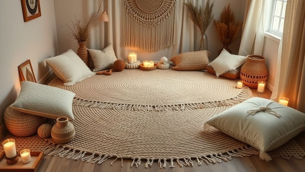 Stylish Floor Seating Ideas for Cozy Spaces 2 Cozy floor seating setup with thick rug and layered mats in neutral tones.