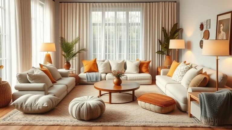A cozy modern living room with layered floor cushions, soft rugs, and warm neutral decor for relaxed seating.