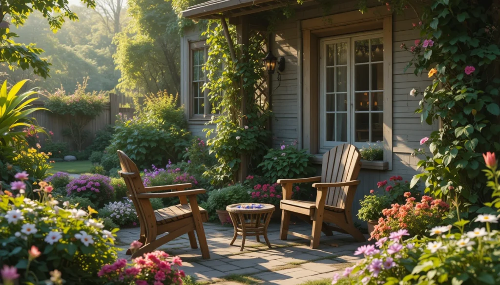 Home Garden Ideas for a Beautiful and Peaceful Outdoor Space 4 Peaceful garden seating with wooden chairs and blooming plants in natural light.