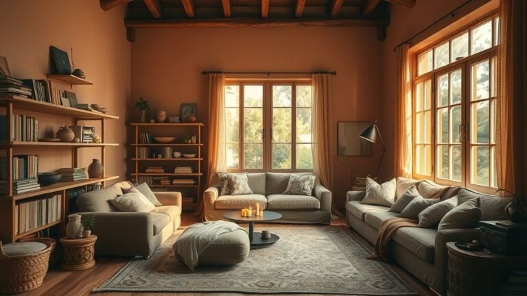 Hyper-realistic cozy living room with warm golden light, layered textures, natural wood, soft cushions, candles, and an inviting earthy color palette.