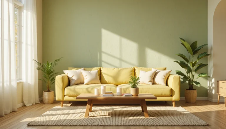 A hyper-realistic cozy home interior with lemon-green sofa, soft natural light, indoor plants, and warm wooden furniture creating a fresh and relaxing atmosphere.
