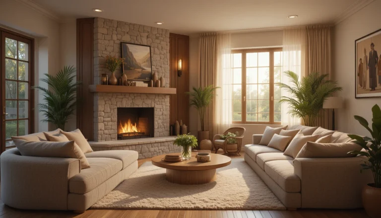 Cozy home interior with warm lighting, soft furnishings, and inviting décor.