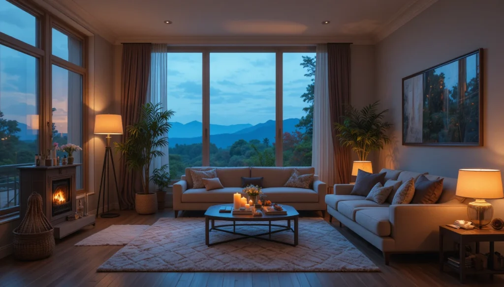 Cozy Home Interiors for Warm and Inviting Spaces 2 Cozy living room with warm lighting, candles, and floor lamps creating a soft glow.