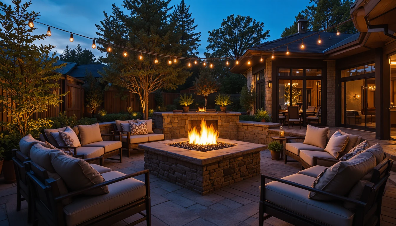 Cozy modern backyard with stone fire pit, outdoor seating, and warm string lights.