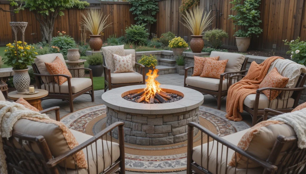 16 Cozy and Modern Backyard Fire Pit Ideas 9 Outdoor fire pit area decorated with rugs, cushions, and throws.