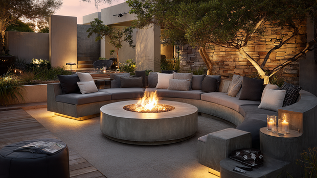 16 Cozy and Modern Backyard Fire Pit Ideas 15 Outdoor lounge with sectional seating and circular fire pit under soft lights.
