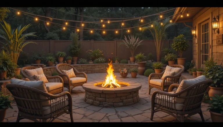 Cozy patio fire pit with stone design, rattan chairs, garden plants, and warm evening lighting.
