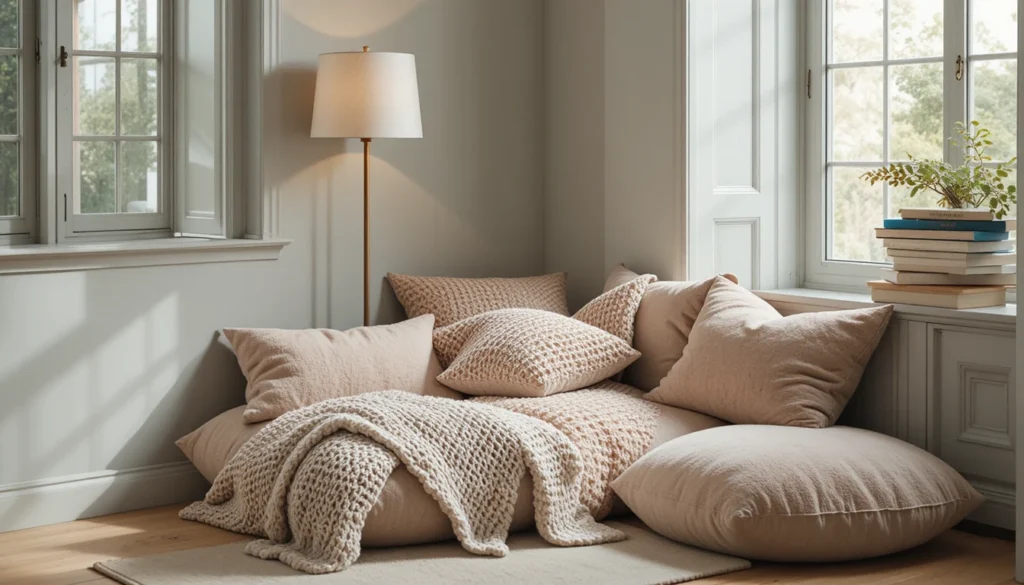 16 Stylish Ideas for Decorating with Comfy Floor Cushions 6 Peaceful reading corner with floor cushions, books, and soft lighting.
