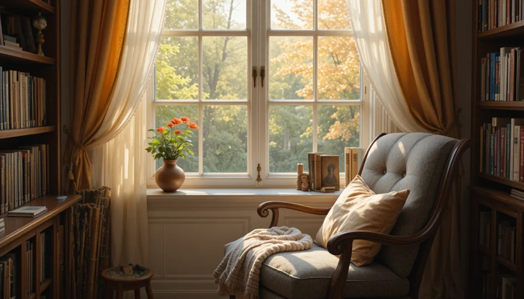 Cozy Home Interiors for Warm and Inviting Spaces 10 Reading nook with soft lighting, warm textiles, and a cozy chair.