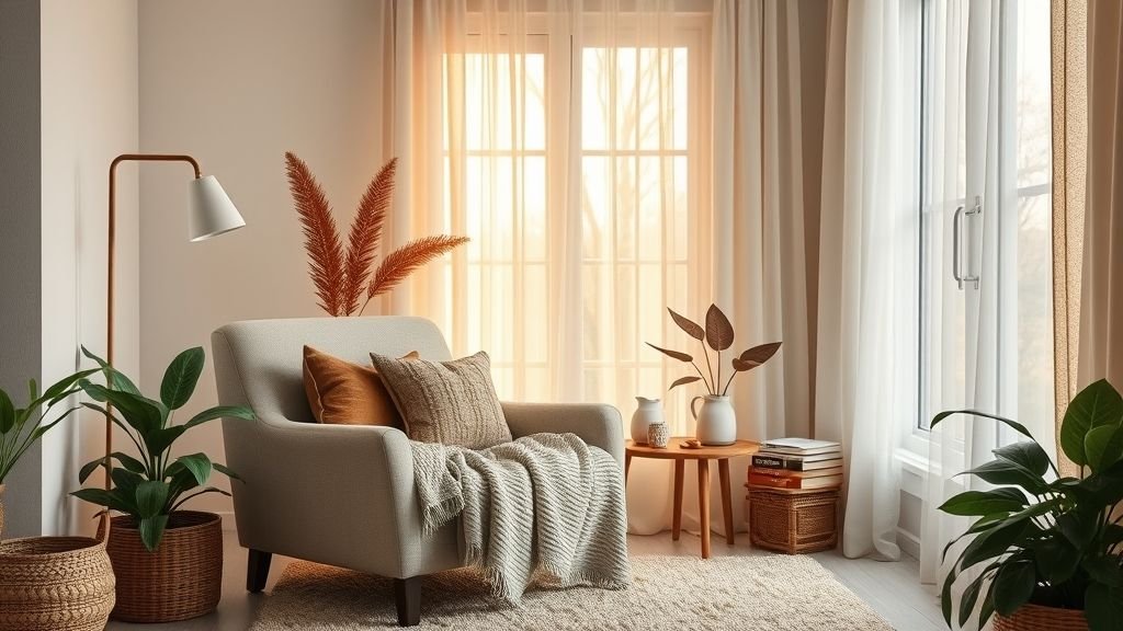 Cozy reading nook with armchair, books, and soft golden lighting for a peaceful escape.