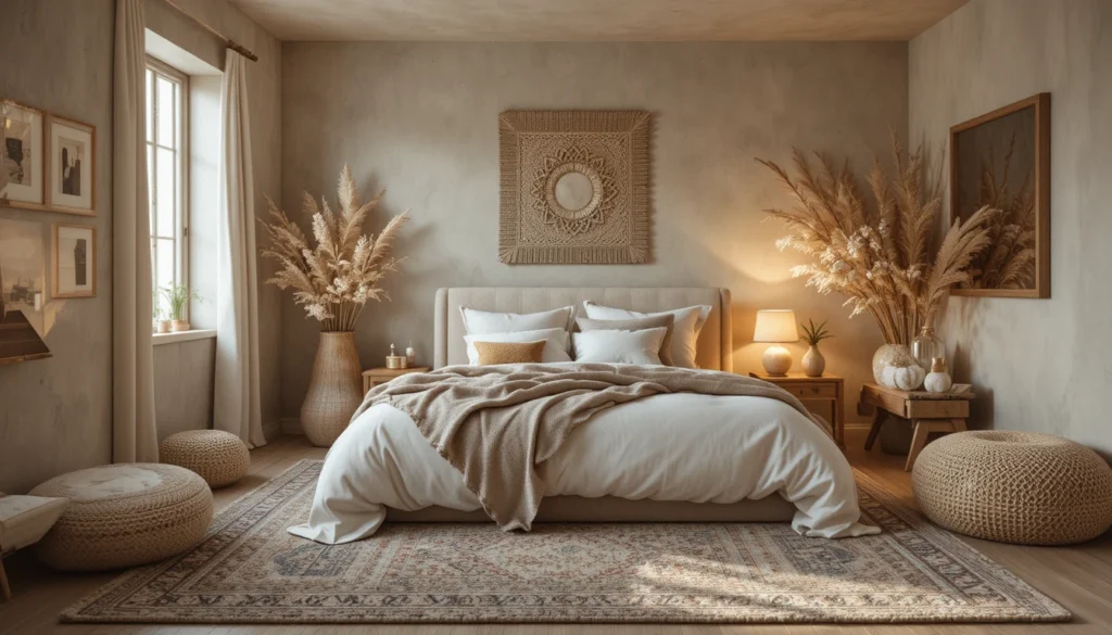Cozy Home Interiors for Warm and Inviting Spaces 7 Bedroom featuring layered rugs and soft textures for warmth.